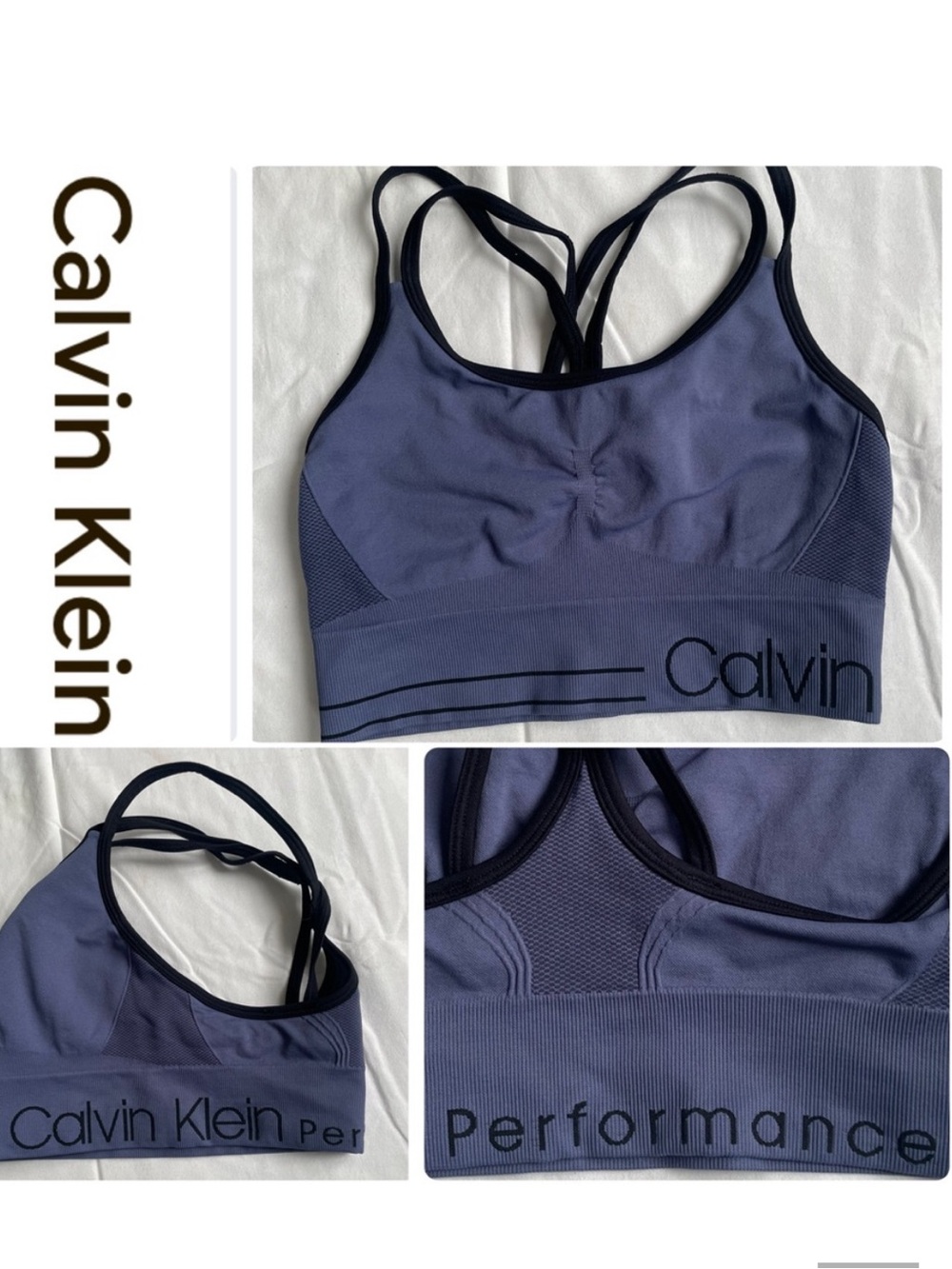 Calvin Klein Performance Sports Bra Strappy Blue Purple Black Trim XS